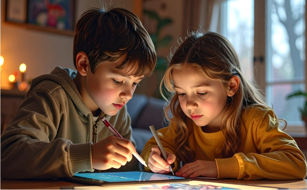 Zwei Kinder schreiben mit Tabletstift auf Tablet